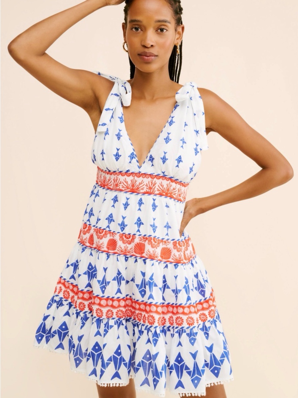 FARM Rio White Mini Dress with Blue Geometric and Red Coral Trim - Picture 1 of 5